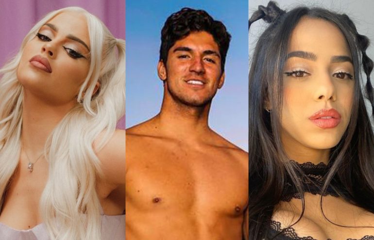 Colagem de fotos com Luisa Sonza à esquerda, Gabriel Medina no meio e Mirella Santos à direita