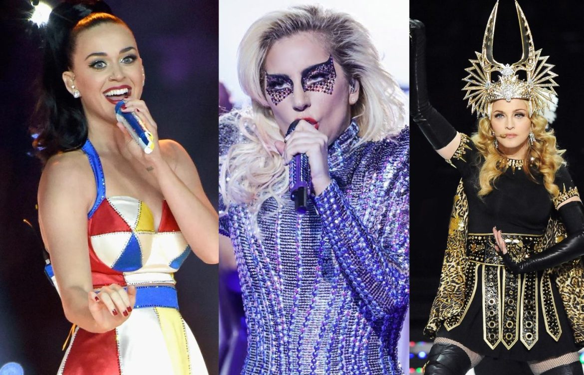Katy Perry, Lady Gaga e Madonna tem os shows do intervalo mais assistidos do Super Bowl. Foto: Reprodução/Internet. Montagem: UpdateCharts.