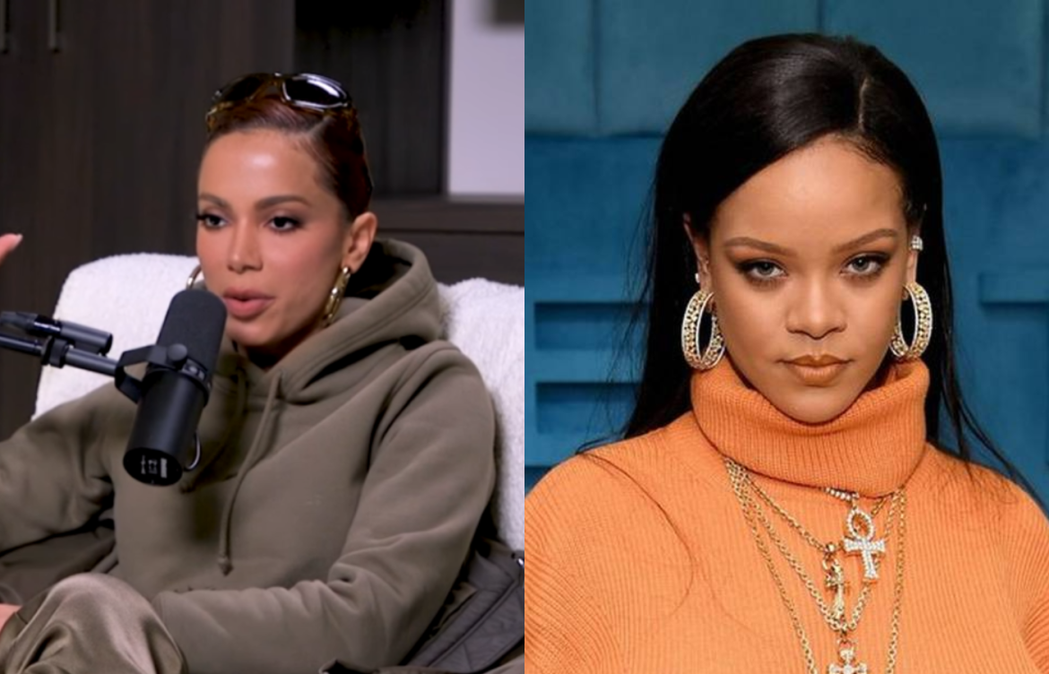 Anitta sentanda em entrevista posicionada em frente à um microfone