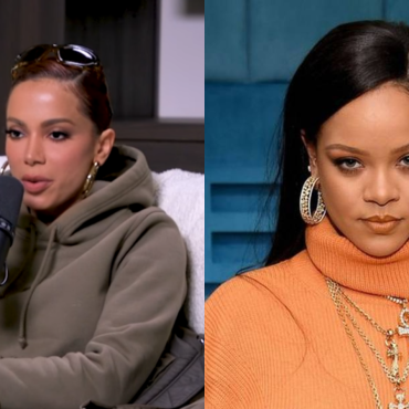 Anitta sentanda em entrevista posicionada em frente à um microfone