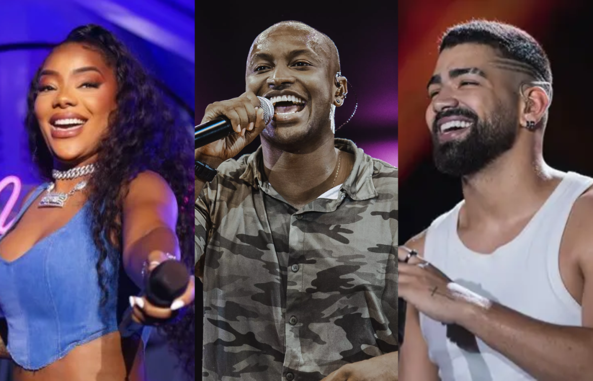 Dilsinho, Ludmilla e Thiaguinho segurando microfones e cantadas em uma montagem de 3 fotos.