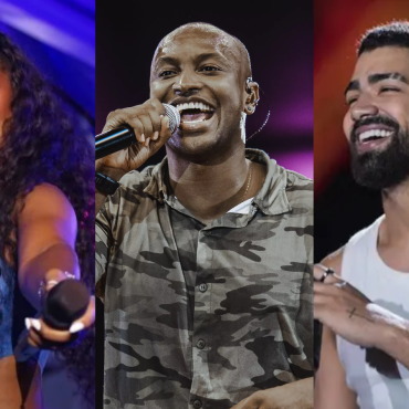 Dilsinho, Ludmilla e Thiaguinho segurando microfones e cantadas em uma montagem de 3 fotos.