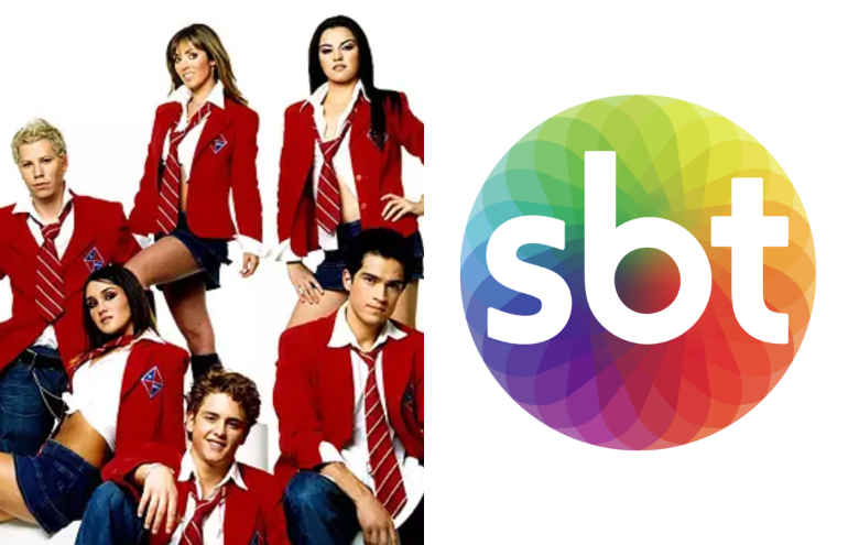 Elenco de Rebelde com ternos vermelhos e gravad da mesma cor aparecem em uma imagem de divulgação montada ao lado do logo do sbt