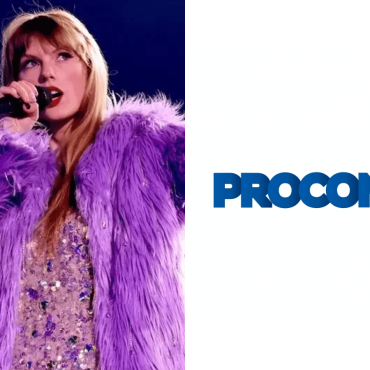 Taylow Swift vestida de uma pelúcia de cor roxa. Ao seu lado direito, a logo do Procon de São Paulo destacada em fundo branco.