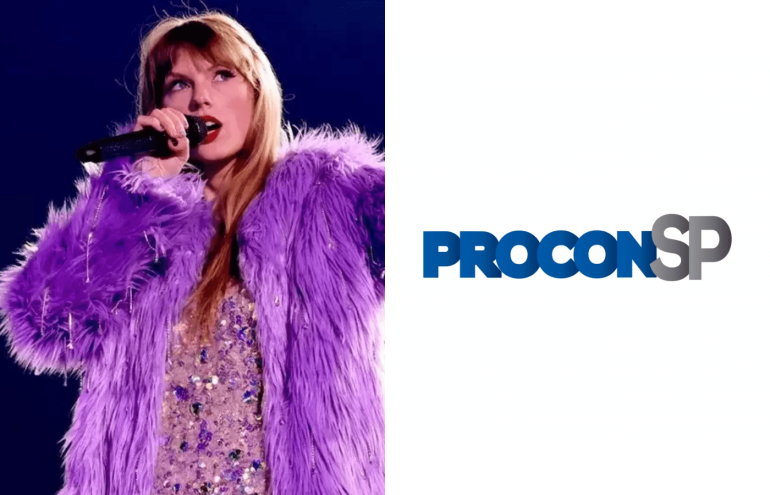Taylow Swift vestida de uma pelúcia de cor roxa. Ao seu lado direito, a logo do Procon de São Paulo destacada em fundo branco.