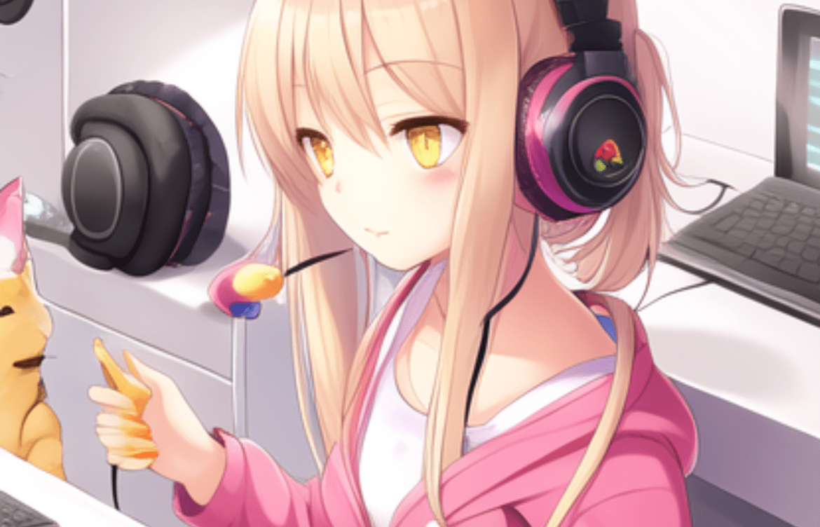 Anime: jovem do zexo feminino ouve música fones de ouvido.