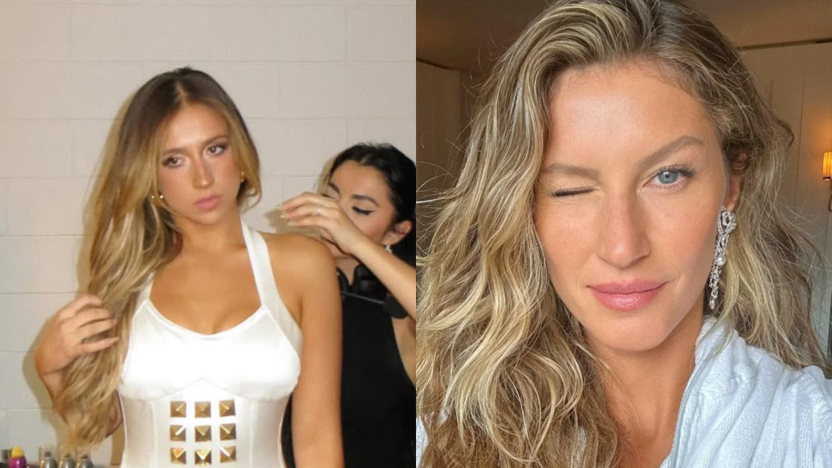 A imagem mostra duas mulheres com cabelos loiros e ondulados. Na esquerda, a cantora Tate McRae está sendo ajustada por uma assistente enquanto veste um vestido branco, com um design ousado e moderno. Tate parece séria enquanto olha para a câmera, evidenciando sua expressão focada. À direita, a supermodelo Gisele Bündchen aparece com um sorriso descontraído e um olhar de piscadela, exibindo um estilo mais casual, com um brinco chamativo e a pele naturalmente iluminada. Ambas as mulheres destacam sua beleza e presença, cada uma à sua maneira, em situações distintas.