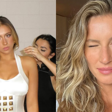 A imagem mostra duas mulheres com cabelos loiros e ondulados. Na esquerda, a cantora Tate McRae está sendo ajustada por uma assistente enquanto veste um vestido branco, com um design ousado e moderno. Tate parece séria enquanto olha para a câmera, evidenciando sua expressão focada. À direita, a supermodelo Gisele Bündchen aparece com um sorriso descontraído e um olhar de piscadela, exibindo um estilo mais casual, com um brinco chamativo e a pele naturalmente iluminada. Ambas as mulheres destacam sua beleza e presença, cada uma à sua maneira, em situações distintas.