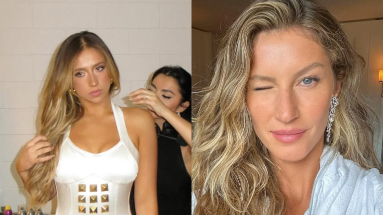 A imagem mostra duas mulheres com cabelos loiros e ondulados. Na esquerda, a cantora Tate McRae está sendo ajustada por uma assistente enquanto veste um vestido branco, com um design ousado e moderno. Tate parece séria enquanto olha para a câmera, evidenciando sua expressão focada. À direita, a supermodelo Gisele Bündchen aparece com um sorriso descontraído e um olhar de piscadela, exibindo um estilo mais casual, com um brinco chamativo e a pele naturalmente iluminada. Ambas as mulheres destacam sua beleza e presença, cada uma à sua maneira, em situações distintas.