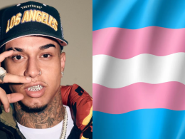 O homem à esquerda é o Veigh, artista conhecido por seu estilo único na música e presença marcante nas redes sociais. À direita, temos a bandeira transgênero, símbolo da luta e visibilidade da comunidade trans.