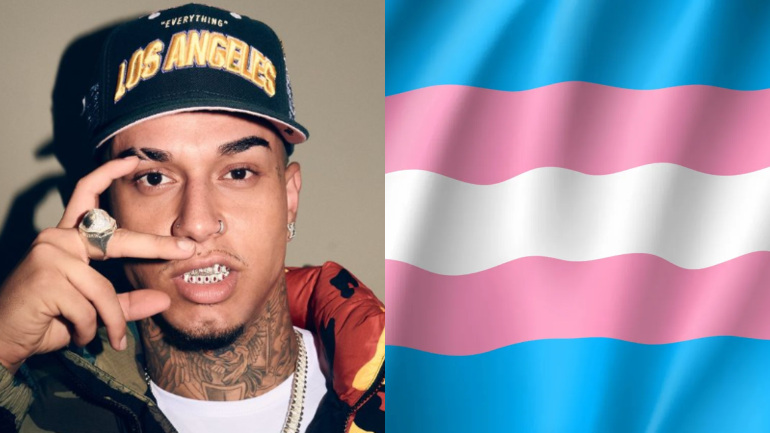 O homem à esquerda é o Veigh, artista conhecido por seu estilo único na música e presença marcante nas redes sociais. À direita, temos a bandeira transgênero, símbolo da luta e visibilidade da comunidade trans.