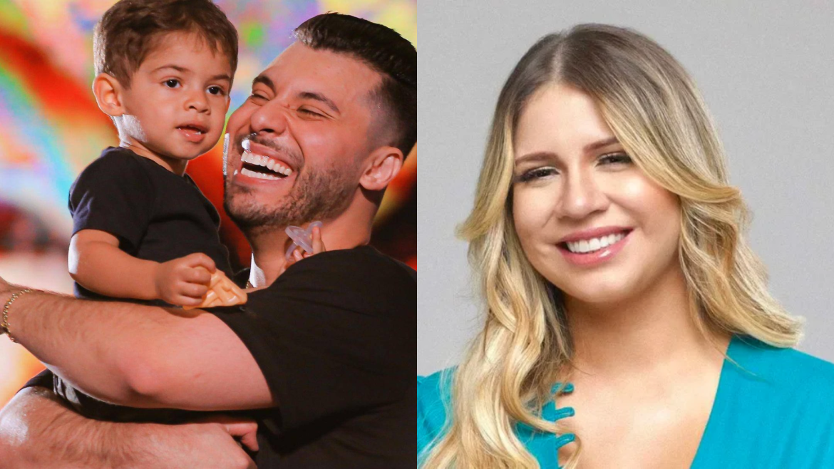 Murilo Huff sorrindo enquanto segura o filho Léo no colo, ao lado de uma imagem de Marília Mendonça sorrindo com cabelos loiros ondulados e blusa azul.