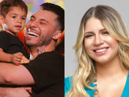 Murilo Huff sorrindo enquanto segura o filho Léo no colo, ao lado de uma imagem de Marília Mendonça sorrindo com cabelos loiros ondulados e blusa azul.