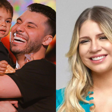 Murilo Huff sorrindo enquanto segura o filho Léo no colo, ao lado de uma imagem de Marília Mendonça sorrindo com cabelos loiros ondulados e blusa azul.