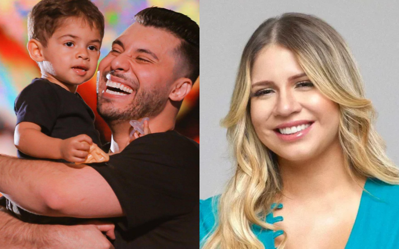 Murilo Huff sorrindo enquanto segura o filho Léo no colo, ao lado de uma imagem de Marília Mendonça sorrindo com cabelos loiros ondulados e blusa azul.
