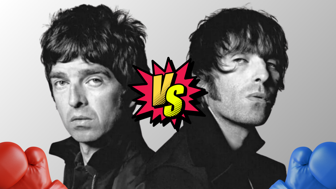 Noel Gallagher (esq.) e Liam Gallagher (dir.), do Oasis. • Divulgação/David Bailey